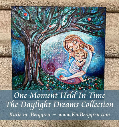 all proceeds to charity! Mother and child sitting beneath an apple tree, highly textured imaginative artwork by kmberggren, intimate motherhood artwork, memories and inspiration painting