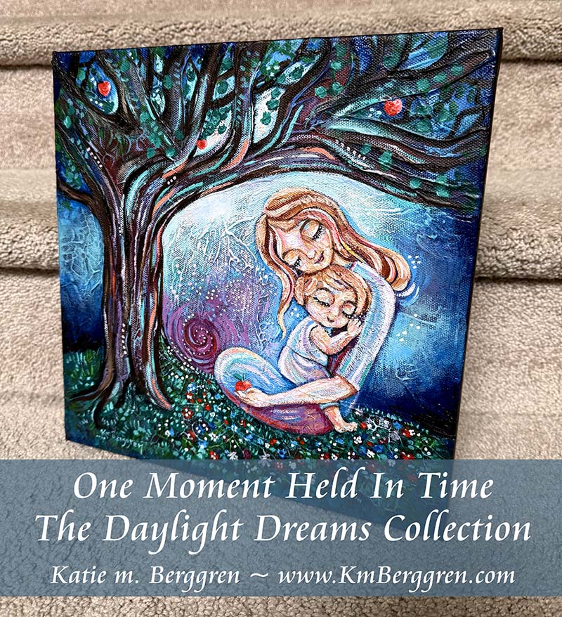 all proceeds to charity! Mother and child sitting beneath an apple tree, highly textured imaginative artwork by kmberggren, intimate motherhood artwork, memories and inspiration painting