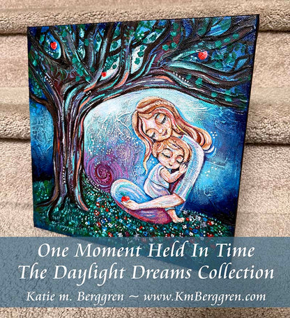 all proceeds to charity! Mother and child sitting beneath an apple tree, highly textured imaginative artwork by kmberggren, intimate motherhood artwork, memories and inspiration painting