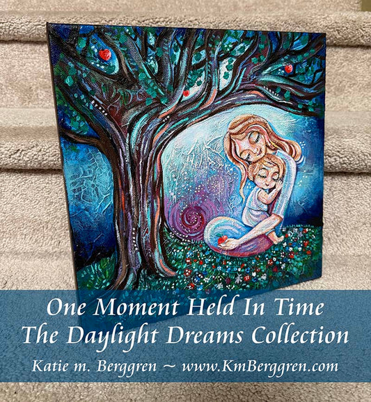 all proceeds to charity! Mother and child sitting beneath an apple tree, highly textured imaginative artwork by kmberggren, intimate motherhood artwork, memories and inspiration painting