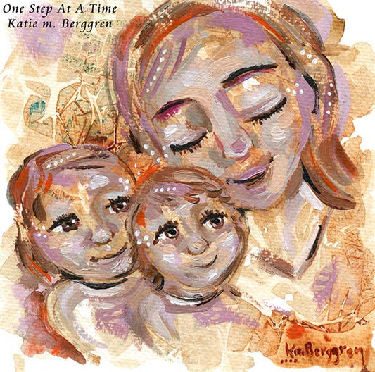 intimate painting of mom and two babies, mother of 2 children kissing, golden artwork, blonde mother and child, light brown haired mum and two kids, 2 babes with mama, sensitive artwork of mom and children, sweet mother gift