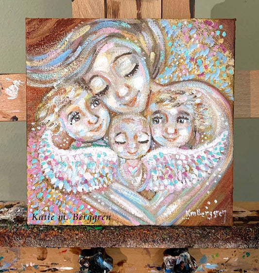 ►ONE AVAILABLE◄ Poised In Peace - Original 8x8 Mother & Children Angel Painting