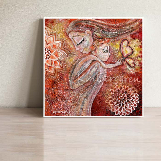 personalized art print, custom hair and eye colors, change colors on art print, custom family art print, orange red and yellow art print of mother holding child and big yellow butterfly, with big flowers, by KmBerggren