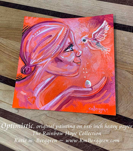 orange painting of woman and bird, with egg, bird painting, orange and pink paintings of woman with bird, wall decor for women, fertility clinic artwork, obgyn wall decor, km berggren, kmberggren