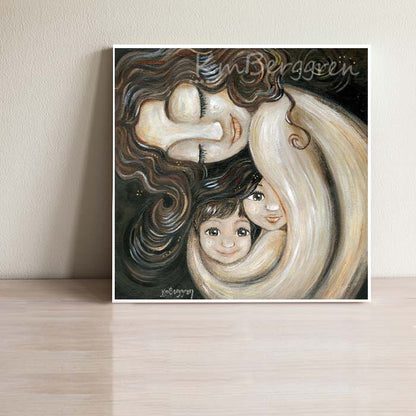 Mama hugging two children, family love art. Unique and Special Gifts for Women and Moms, bi-racial children and mother, brown and black hair family, brother gift, sister gift, mom of two gift for mothers day