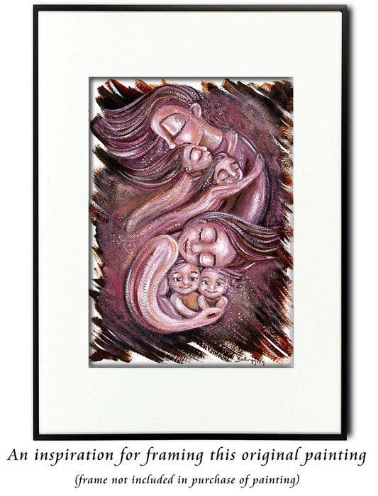purple woman and kids painting, sisters art, two daughters art, daughter and son painting, boy and girl painting, mama of four artwork, purple painting of family, paintings of women, original art on paper by Katie m. Berggren