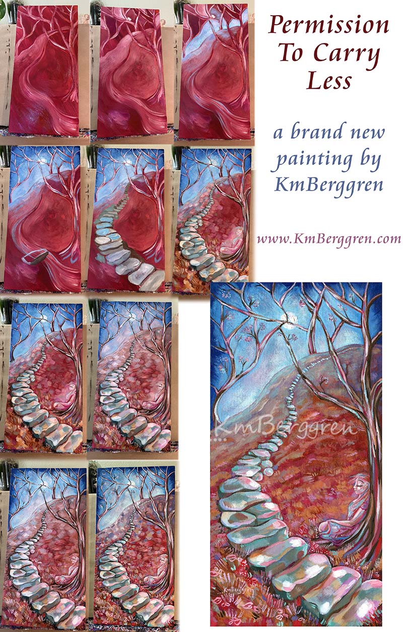 step by step process of a vertical tall painting on canvas of a woman resting beside a stone path, in reds and blues with an evening sky and trees that are just blooming with pink blossoms. Original painting by kmberggren, paintings of women, hopeful artwork, inspirational artwork for women, gifts for mom, art for women, paintings of stairs in nature, paintings of trees, paintings of rocks, kimberggren, kmberggren, katie berggren