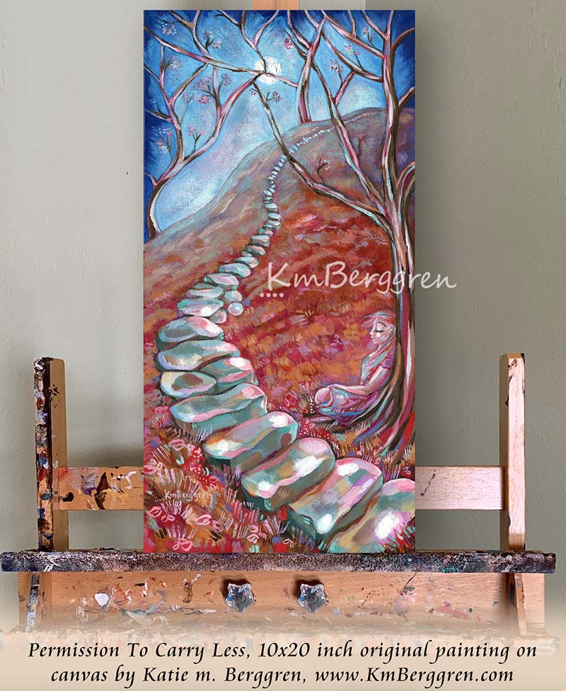 vertical tall painting on canvas of a woman resting beside a stone path, in reds and blues with an evening sky and trees that are just blooming with pink blossoms. Original painting by kmberggren, paintings of women, hopeful artwork, inspirational artwork for women, gifts for mom, art for women, paintings of stairs in nature, paintings of trees, paintings of rocks, kimberggren, kmberggren, katie berggren