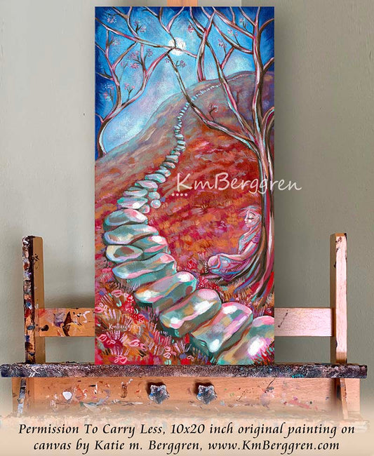 vertical tall painting on canvas of a woman resting beside a stone path, in reds and blues with an evening sky and trees that are just blooming with pink blossoms. Original painting by kmberggren, paintings of women, hopeful artwork, inspirational artwork for women, gifts for mom, art for women, paintings of stairs in nature, paintings of trees, paintings of rocks, kimberggren, kmberggren, katie berggren