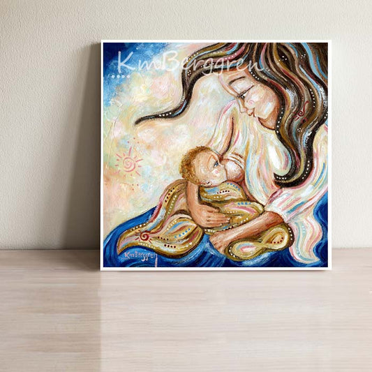 breastfeeding art print of brunette mother nursing blonde baby with yellow blankie by KmBerggren