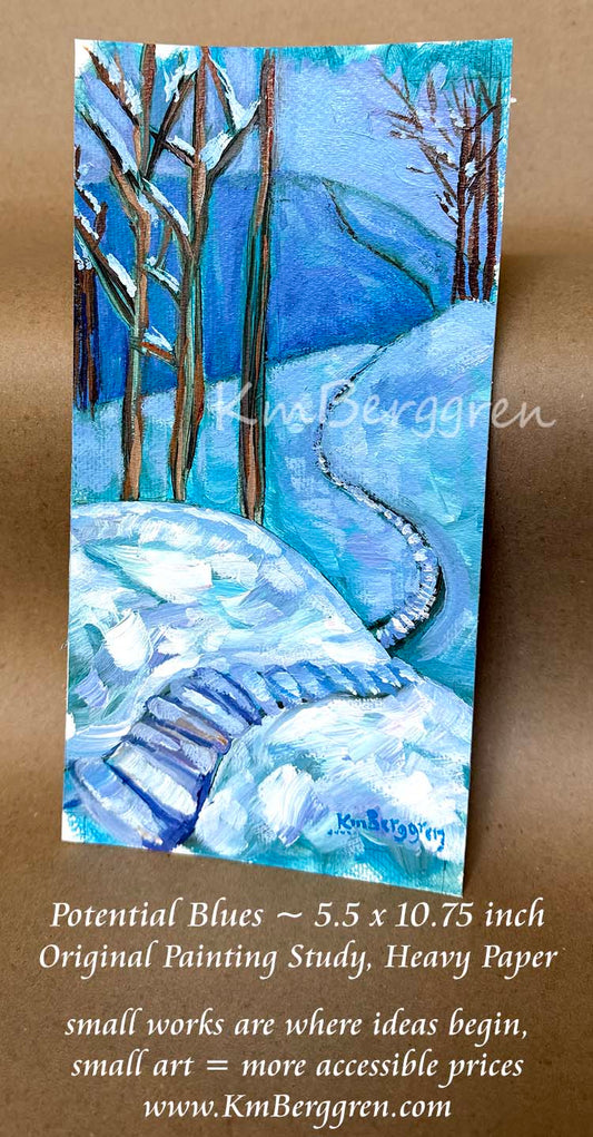 A vertical painting on heavy paper depicting a snowy winter landscape with blue hills, bare trees, and a winding path. The artwork is by KmBerggren, kimberggren, katie berggren, paintings to inspire women in life, crisp blue possibilities and fresh air