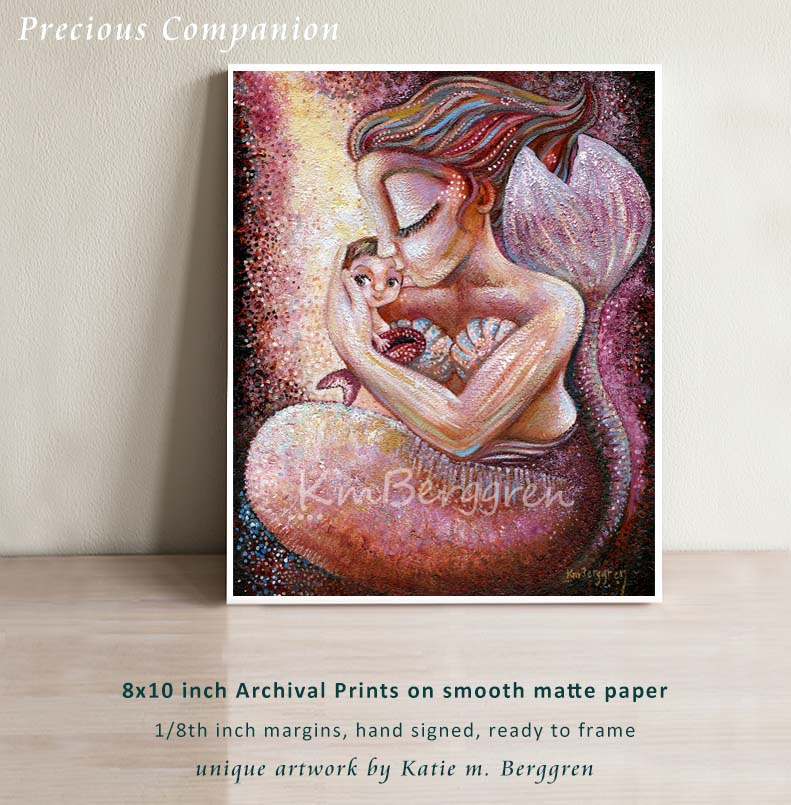 Rich Warm Vibrant Mermaid Mother & Tiny Mermaid Baby with big brown eyes and blonde hair, Magenta, pink, purple and yellow Archival Art Print on Heavy Matte Paper by KmBerggren