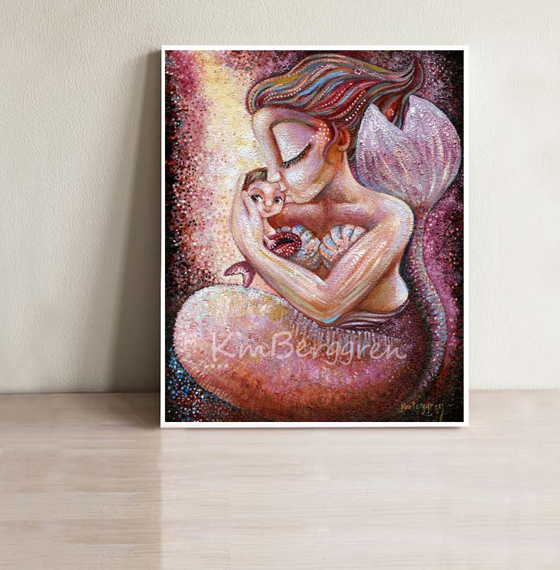 Rich Warm Vibrant Mermaid Mother & Tiny Mermaid Baby with big brown eyes and blonde hair, Magenta, pink, purple and yellow Archival Art Print on Heavy Matte Paper by KmBerggren