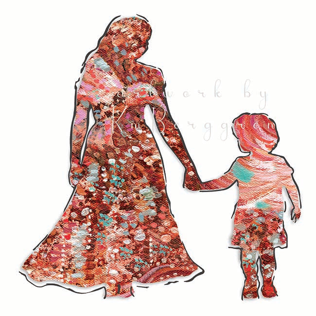 back-view-mom-walk-with-child-holding-hands-hand-in-hand-mom-daughter-mama-and-son-walking-away-pink-flower-art-silhouette-wall-decor kmberggren graphic design wall art gift for moms long dress mom painting digital art gift for woman child