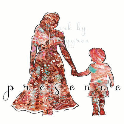 back-view-mom-walk-with-child-holding-hands-hand-in-hand-mom-daughter-mama-and-son-walking-away-pink-flower-art-silhouette-wall-decor kmberggren graphic design wall art gift for moms long dress mom painting digital art gift for woman child