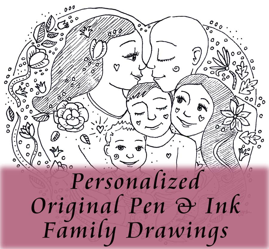personalized family art, family drawing, custom family drawing, pen and ink art on paper