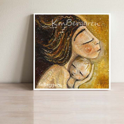 golden yellow art print of mother with short hair hugging small child with blonde hair by KmBerggren