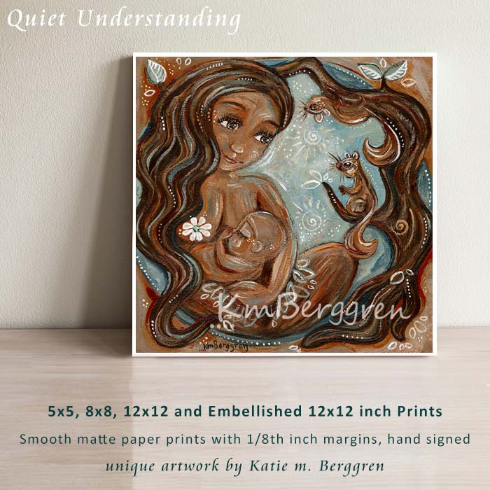 warm brown skin mama nursing bald baby in the woods with trees and squirrels, blue sky, brown hair, whimsical nurturing maternity nature art by kmberggren