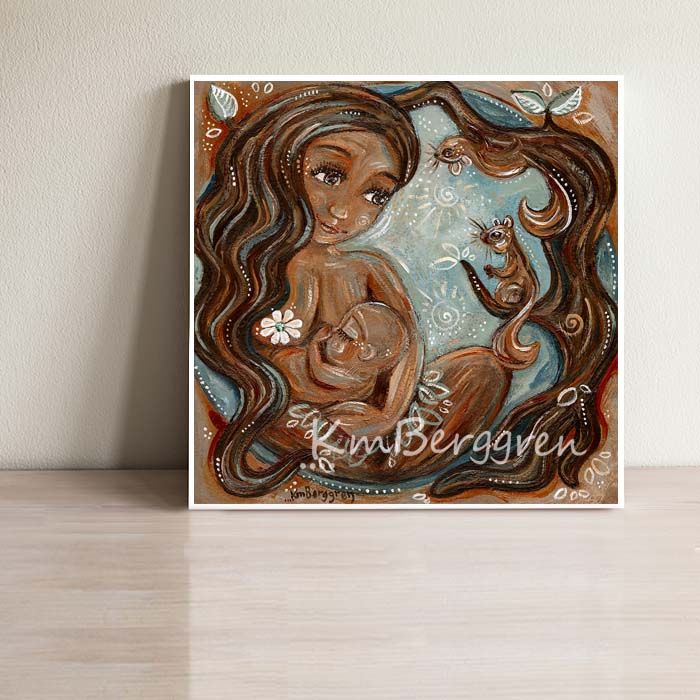 warm brown skin mama nursing bald baby in the woods with trees and squirrels, blue sky, brown hair, whimsical nurturing maternity nature art by kmberggren