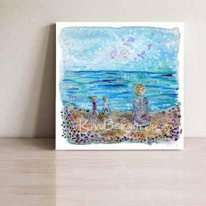 dreamy beach art, woman and two children on the beach, purple and blue soft beach painting