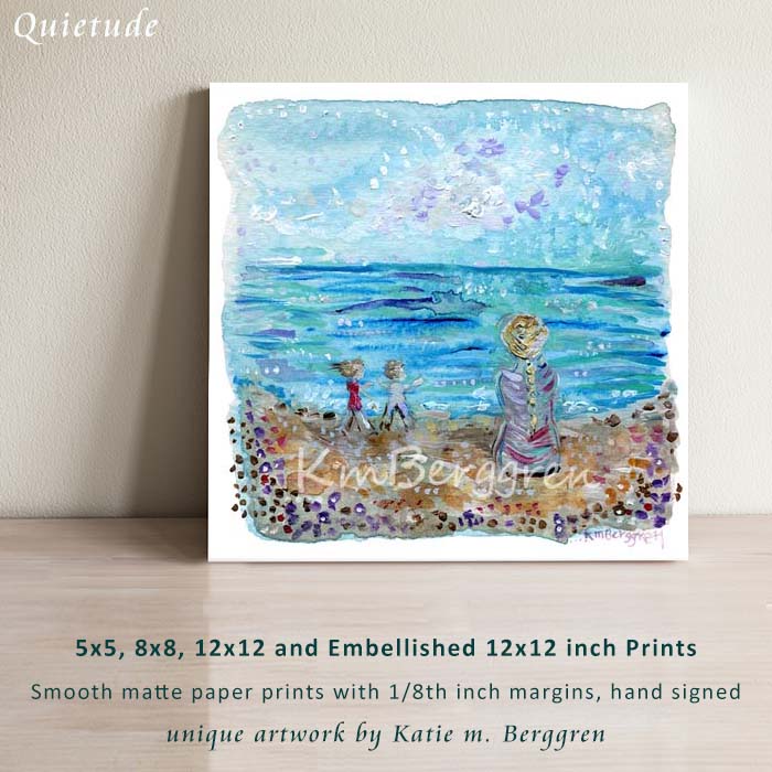 dreamy beach art, woman and two children on the beach, purple and blue soft beach painting