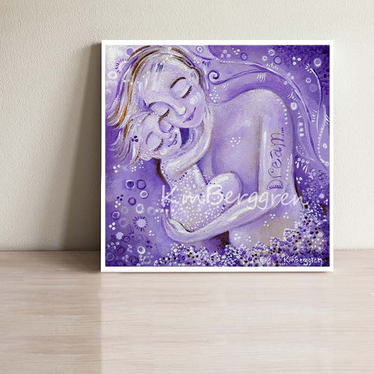 purple mother and daughter sleeping art print, Dream tattoo on mothers arm, by KmBerggren