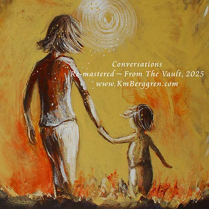 Artistic depiction of a woman and child backview walking in a golden yellow field, mother and son walking away painting, mother and daughter walking artwork, painting of mom and little girl, child and mom walking artwork, paintings of mother and child in nature, hopeful optimistic gold and red artwork for moms and women, kmberggren, km berggren, kimberggren