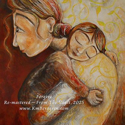 Artistic depiction of a woman holding a child with a decorative background, mother and daughter hugging artwork, painting of mom and little girl, forgiveness artwork, paintings of forgiving, hopeful optimistic gold and red artwork for moms and women, kmberggren, km berggren, kimberggren