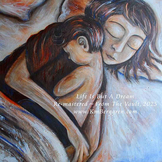 Artistic depiction of a woman and child snuggling on white sheets, mother and son sleeping, mother and daughter resting artwork, painting of mom and little girl, child and mom napping together artwork, paintings of mother and child sleeping, hopeful optimistic white and blue artwork for moms and women, kmberggren, km berggren, kimberggren, family nap, family bed