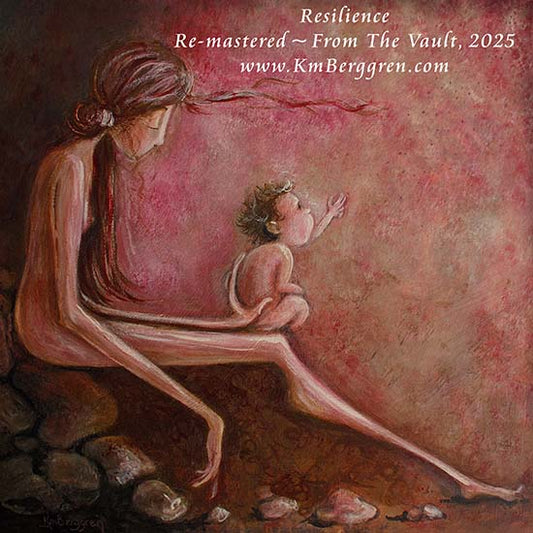 magenta and brown painting of mother and child in an atmosphere of sadness and hope, rock wall, cute baby and mom paintings, optimistic artwork for women, hopeful art for mothers and women, km berggren, kmberggren