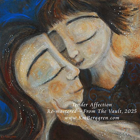 Artistic depiction of two face to face together, brunette mother and son, mother and daughter art, mother and daughter face to face artwork, painting of mom and little girl intimate, child and mom instimate kissing artwork, mom and son art, paintings of mother and child, hopeful optimistic blue and gold artwork for moms and women, kmberggren, km berggren, kimberggren