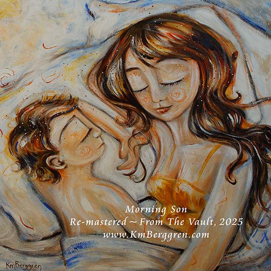 Artistic depiction of two figures sleeping together, brunette mother and son, mother and daughter art, mother and daughter sleeping artwork, painting of mom and little girl napping, child and mom sleeping artwork, mom and son sleeping art, paintings of mother and child, hopeful optimistic white and gold artwork for moms and women, kmberggren, km berggren, kimberggren
