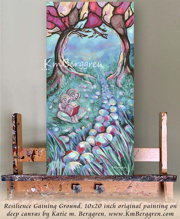vertical tall painting on canvas of a mother and child reading in a field near a stone path original painting by kmberggren, paintings of women, hopeful artwork, inspirational artwork for women, gifts for mom, art for women, paintings of stairs in nature, paintings of trees, paintings of rocks, kimberggren, kmberggren, katie berggren