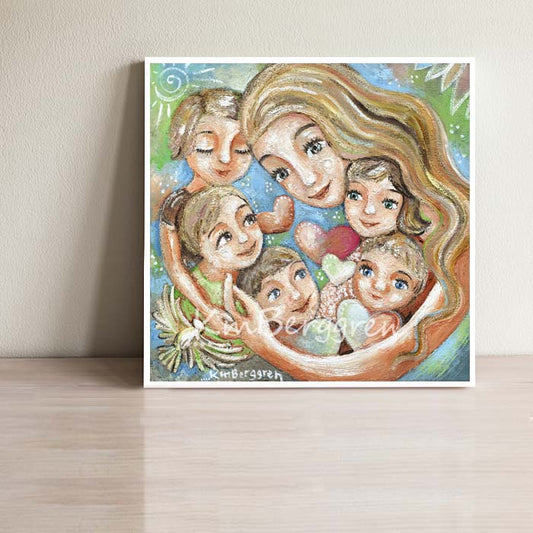 art print of mother with long blonde hair and her five children with hearts and birds, mom and 5 kids artwork, five kids painting mother's day valentine's gift for mommy by KmBerggren