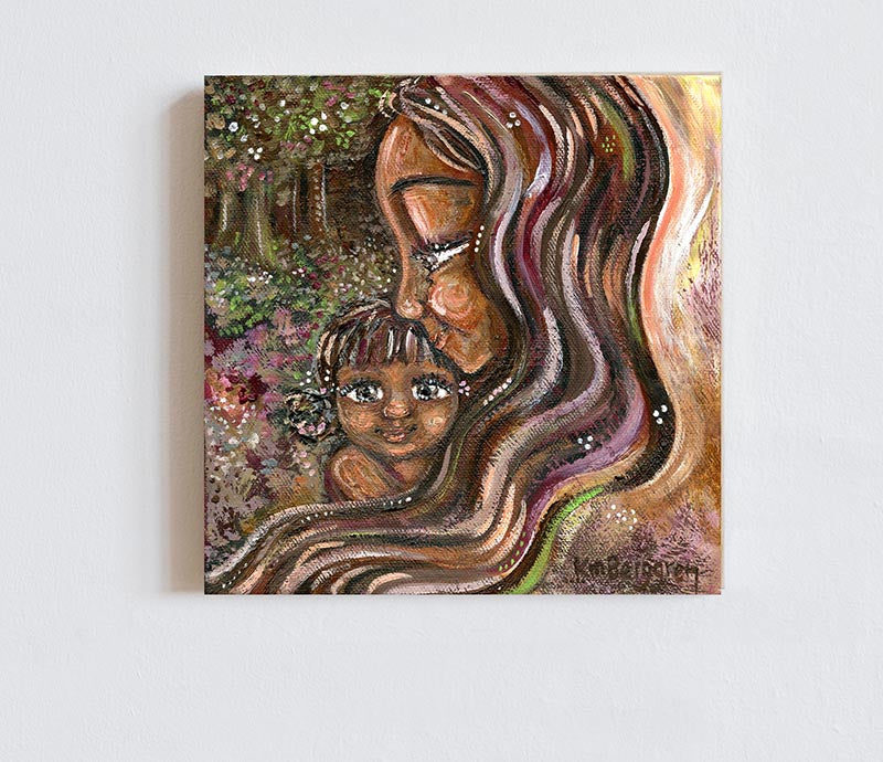 african american mother with long dark hair, dark eyed daughter with hair buns, mother daughter forest trees, magical painting love intimacy by KmBerggren