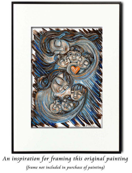 asian mother and three kids, korean american family art, asian american mother painting, asian american children, korean children art, painting of korean family, painting of asian american family, siblings art, brother sister art, blue and orange art, motherhood paintings, 2 mothers six kids, mother of 3, mother of 6, paintings of women, paintings of family