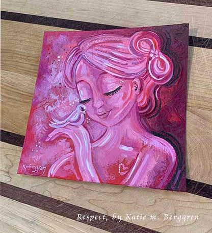 red painting of woman and bird, with egg, bird painting, red and pink paintings of woman with bird, wall decor for women, fertility clinic artwork, obgyn wall decor, km berggren, kmberggren