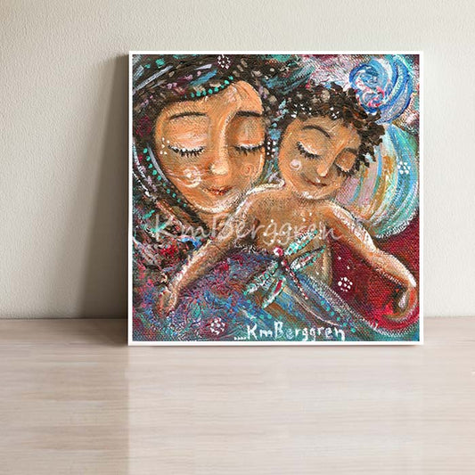 art print in soft pastel colors of olive skinned mom with biracial child sleeping with dragonfly, by KmBerggren