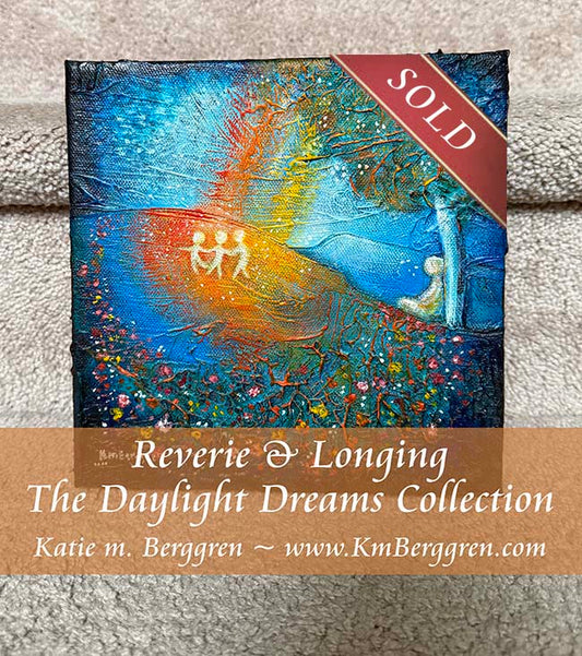 parent sitting under a tree watching 3 children dance and play in a rainbow sunbeam, memories of childhood, empty nester art, missing my grown up kids, when the kids were little, remembering childhood artwork, paintings of memory and nostalgia by kmberggren, kimberggren, katie m berggren