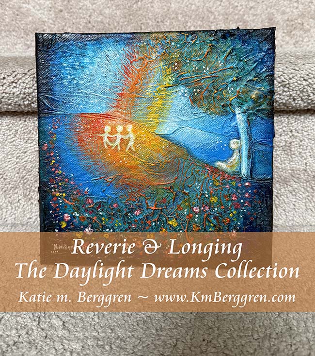 parent sitting under a tree watching 3 children dance and play in a rainbow sunbeam, memories of childhood, empty nester art, missing my grown up kids, when the kids were little, remembering childhood artwork, paintings of memory and nostalgia by kmberggren, kimberggren, katie m berggren