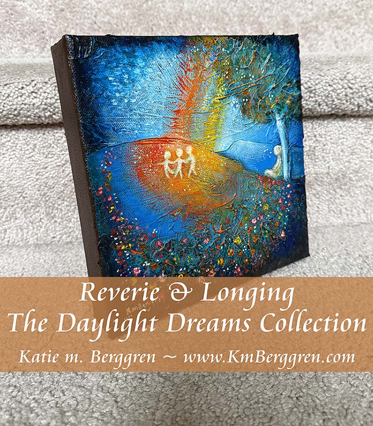 parent sitting under a tree watching 3 children dance and play in a rainbow sunbeam, memories of childhood, empty nester art, missing my grown up kids, when the kids were little, remembering childhood artwork, paintings of memory and nostalgia by kmberggren, kimberggren, katie m berggren