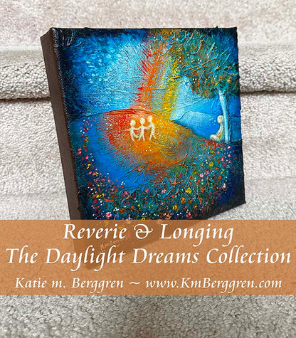 parent sitting under a tree watching 3 children dance and play in a rainbow sunbeam, memories of childhood, empty nester art, missing my grown up kids, when the kids were little, remembering childhood artwork, paintings of memory and nostalgia by kmberggren, kimberggren, katie m berggren
