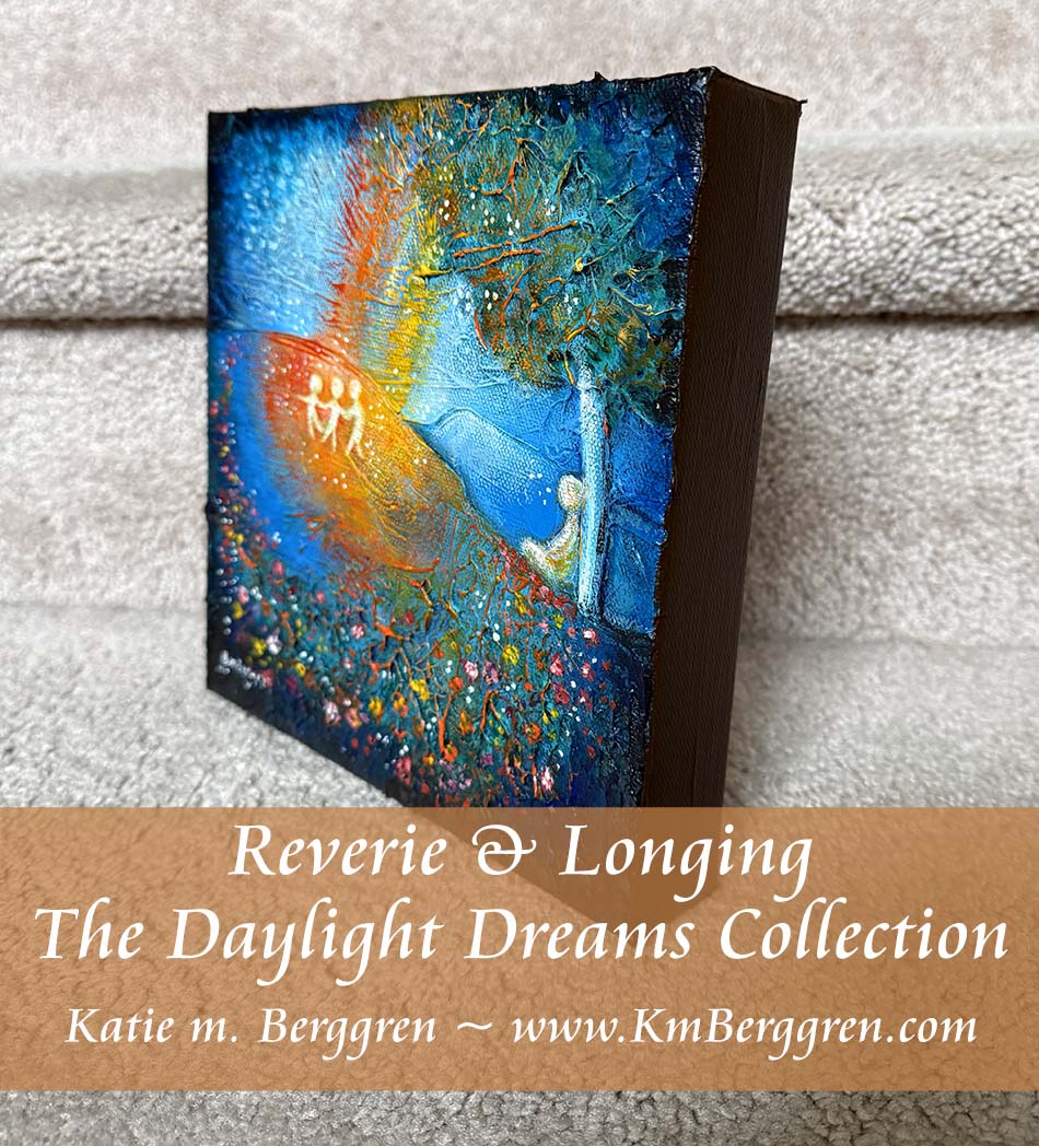 parent sitting under a tree watching 3 children dance and play in a rainbow sunbeam, memories of childhood, empty nester art, missing my grown up kids, when the kids were little, remembering childhood artwork, paintings of memory and nostalgia by kmberggren, kimberggren, katie m berggren