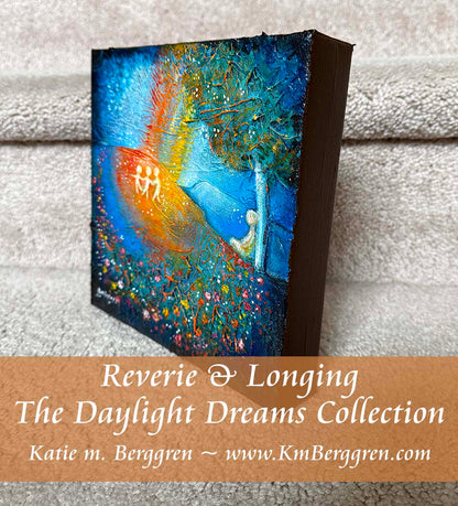 parent sitting under a tree watching 3 children dance and play in a rainbow sunbeam, memories of childhood, empty nester art, missing my grown up kids, when the kids were little, remembering childhood artwork, paintings of memory and nostalgia by kmberggren, kimberggren, katie m berggren
