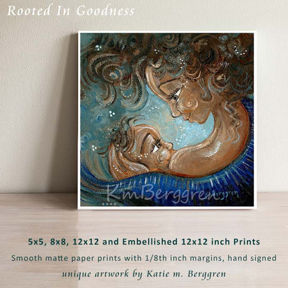 brown curly hair brown skin mother nursing a curly haired baby, breastfeeding baby in mama's arms, intimate and tender nursing painting by kmberggren