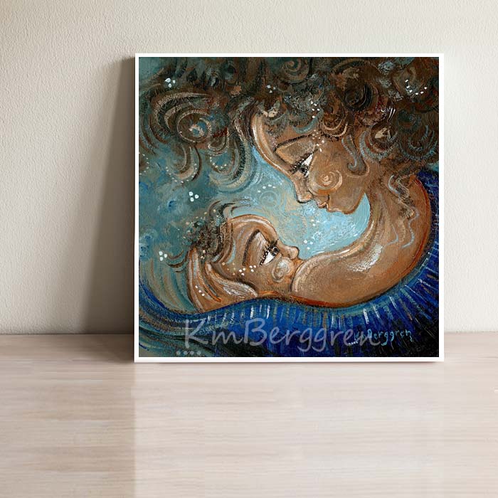 brown curly hair brown skin mother nursing a curly haired baby, breastfeeding baby in mama's arms, intimate and tender nursing painting by kmberggren