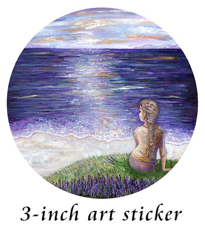 art sticker of woman looking out over purple ocean with lavendar flowers
