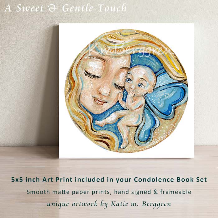 Little Bald Angel Baby Touching Mom's Face CIRCLE Art Print, Winged Baby with blue wings with Blonde Mama, KmBerggren art