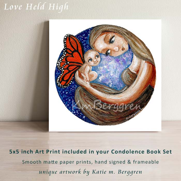 Little Bald Angel Baby Touching forehead to Mom's Face CIRCLE Art Print, Orange Monarch Winged Baby sitting in mama's lap, KmBerggren art