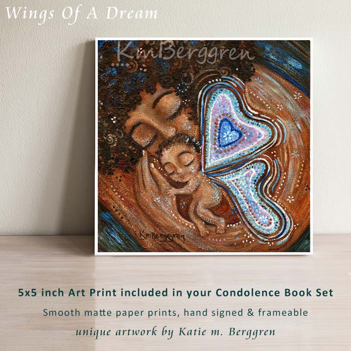 african american mother cradling tiny angel baby, dark skin, curly brown hair, baby angel in pastel colors, winged baby with butterflies and hearts, blue pink and white butterfly, angel child loss, infant and pregnancy loss, gone but not forgotten, missing my baby art by Kmberggren